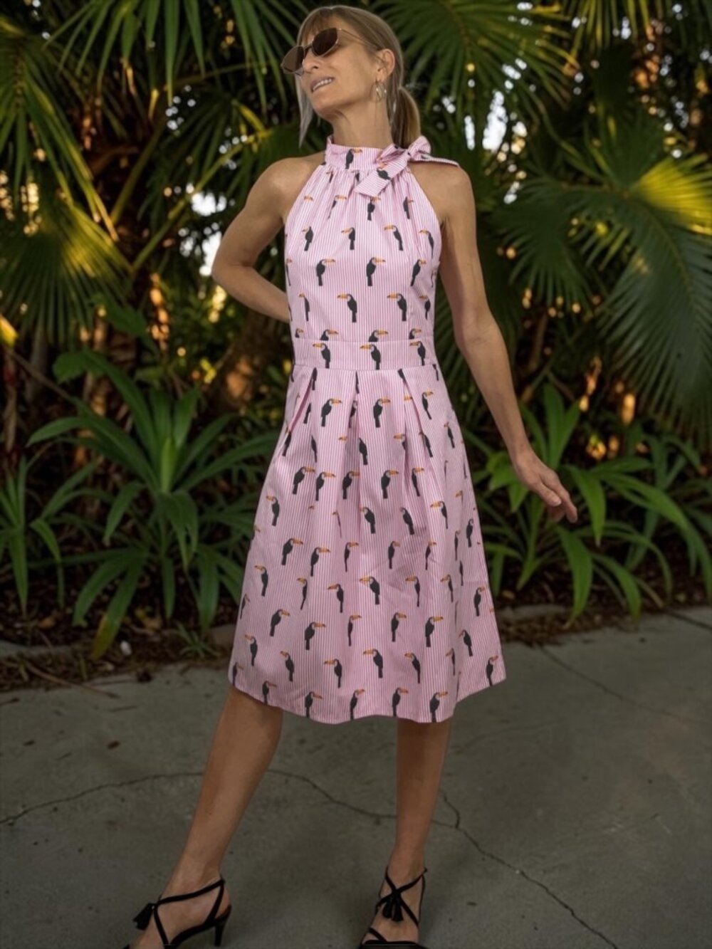Lungo L'Arno Halter Toucan Dress XS Pink Striped Sleeveless Tropical